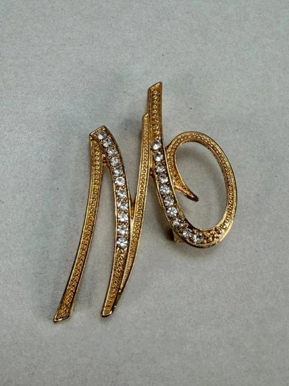 Vintage Letter M Monogram Brooch Gold Tone Clear Rhinestone Initial Pin